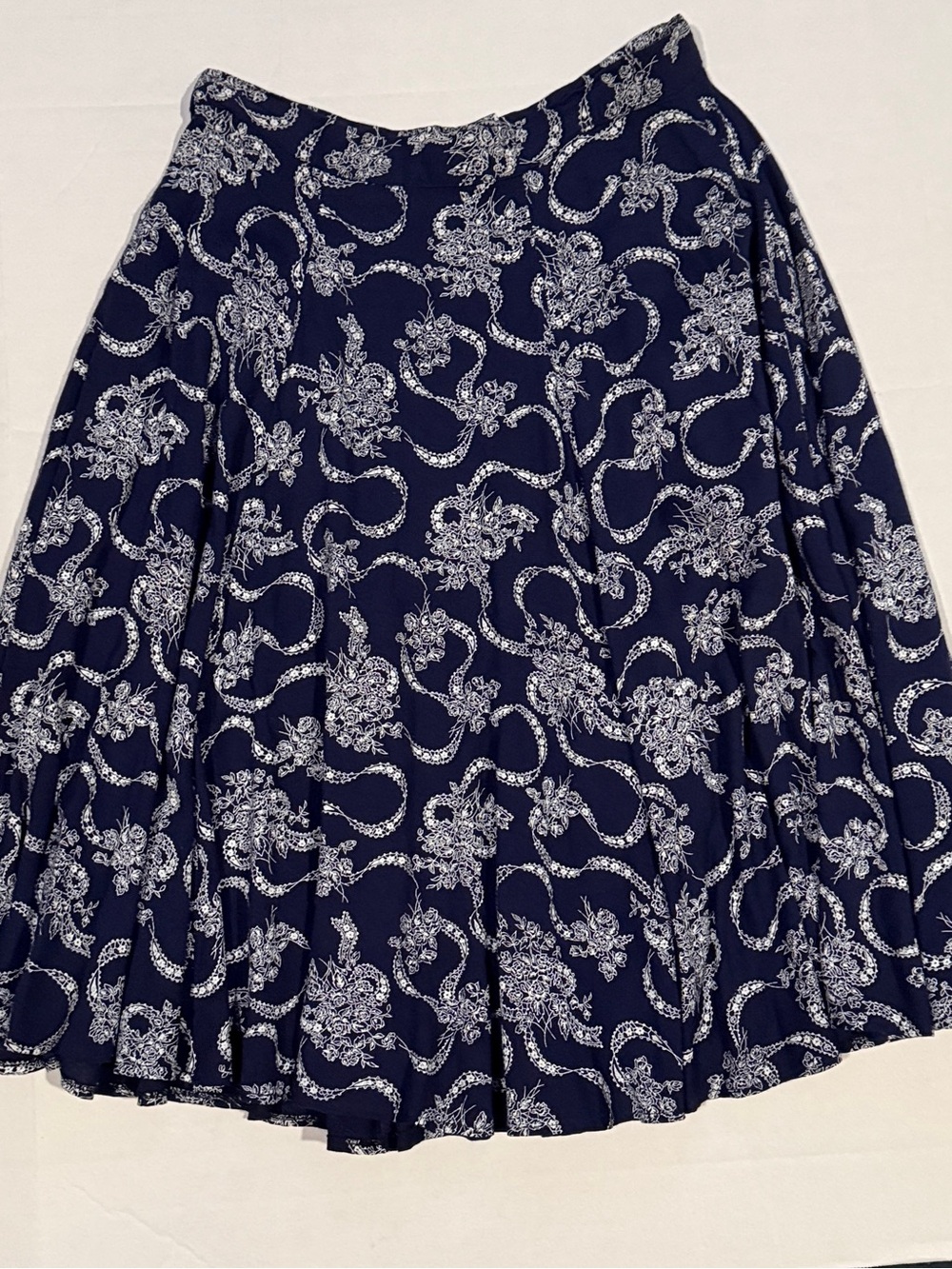 90s Scott McClintock Navy Blue Damask A-Line Midi Skirt, Romantic Floral Scroll